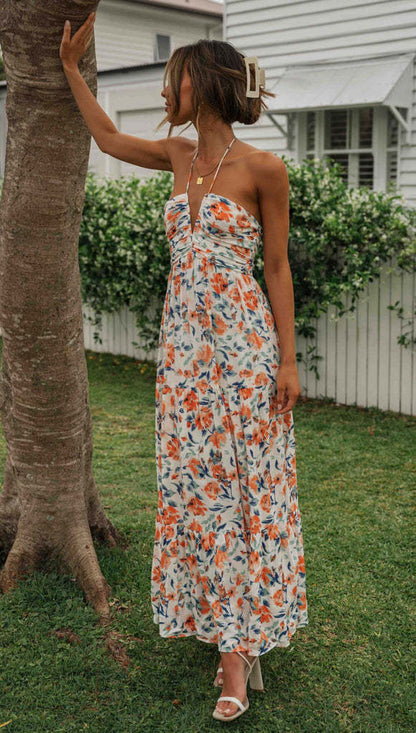 Halter Neck Plunging V Neck Ruched Tiered Floral Print Maxi Dress