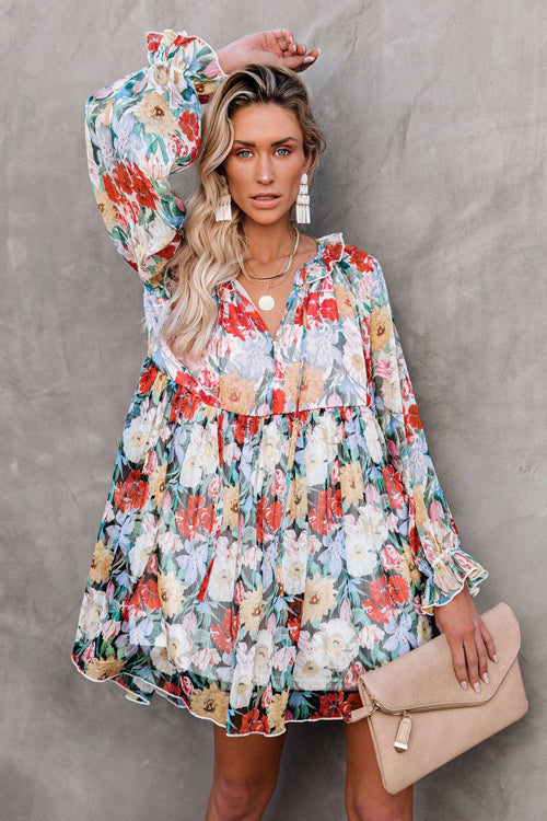 Ruffle Collar Tie Front Long Sleeve Floral Babydoll Mini Dress