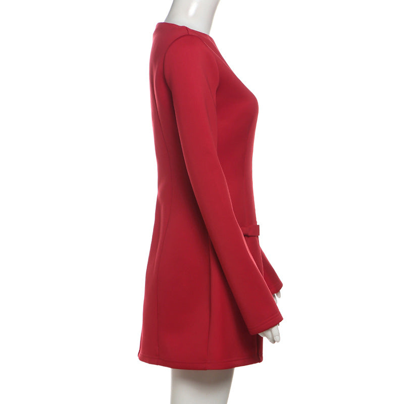 Boat Neck Long Sleeve Bow Detail A-Line Mini Dress