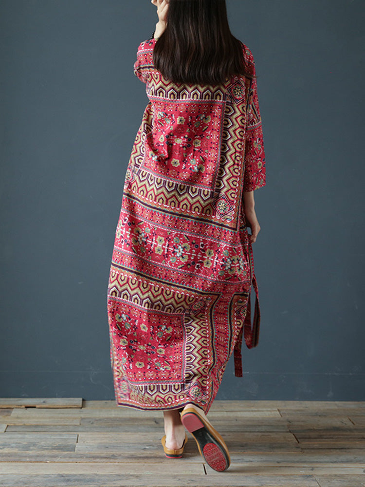 Boat Neck Three Quarter Sleeve Ethnic Geometric Print Tie Waist Maxi Dress
