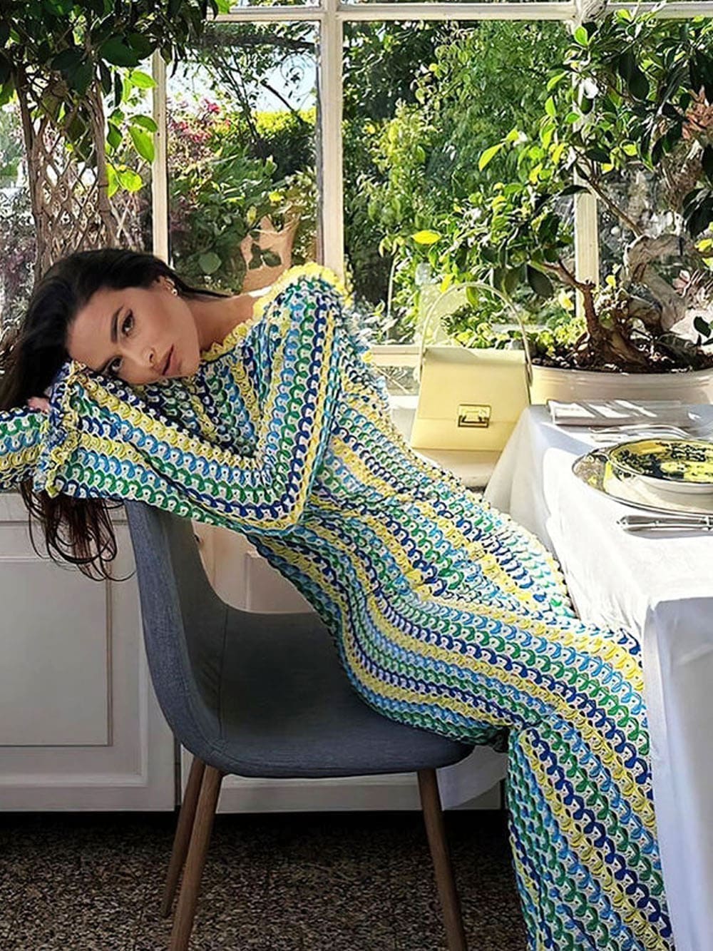 Crew Neck Crochet Zigzag Stripe Open Back Bodycon Maxi Dress