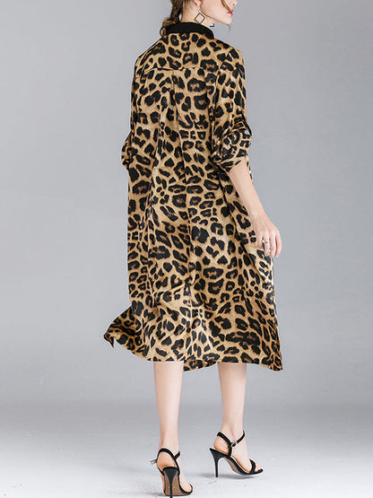 Contrasting Lapel Spotted Print Button Front High Slit Midi Shirt Dress
