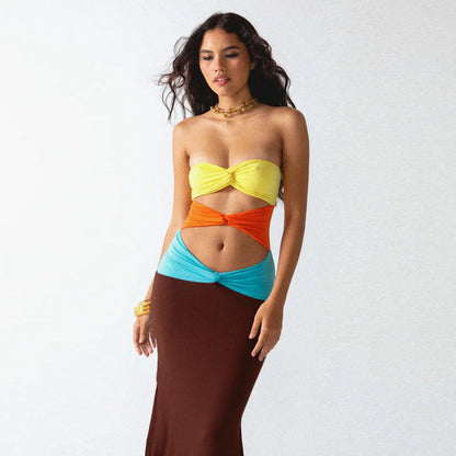 Strapless Twisted Knot Tiered Cutout Bandage Column Maxi Gown