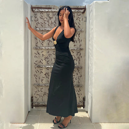 Wide Strap Plunging V Neck Floral Hardware Medallion Column Maxi Dress