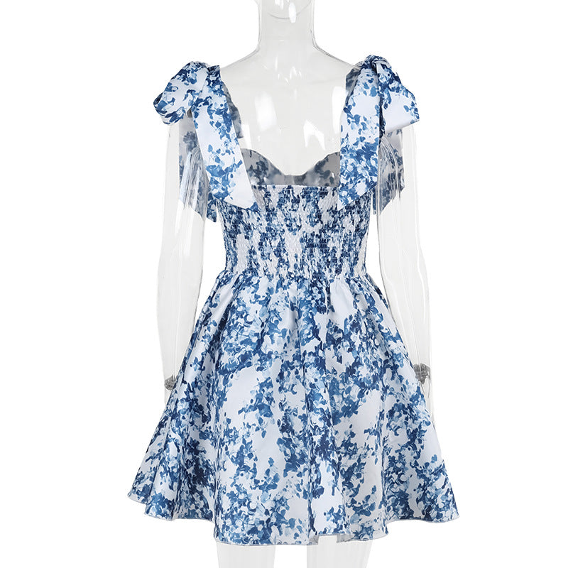 Sweetheart Bow Shoulder Floral Print Corset Mini Dress