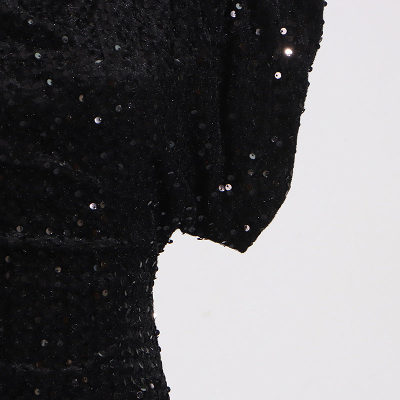Structured Shoulder Crew Neck Sequin Mini Dress