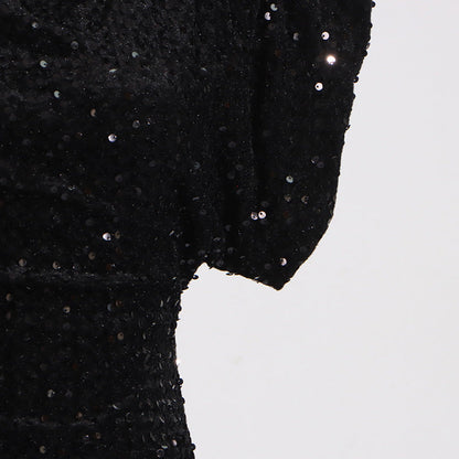 Structured Shoulder Crew Neck Sequin Mini Dress