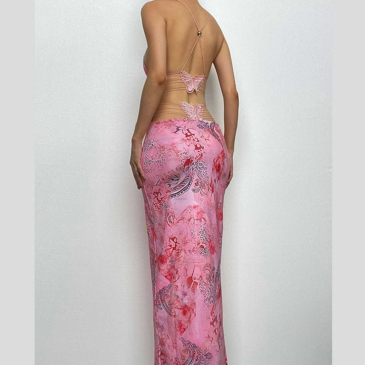 Butterfly Applique Criss Cross Strap Backless Printed Bodycon Maxi Dress