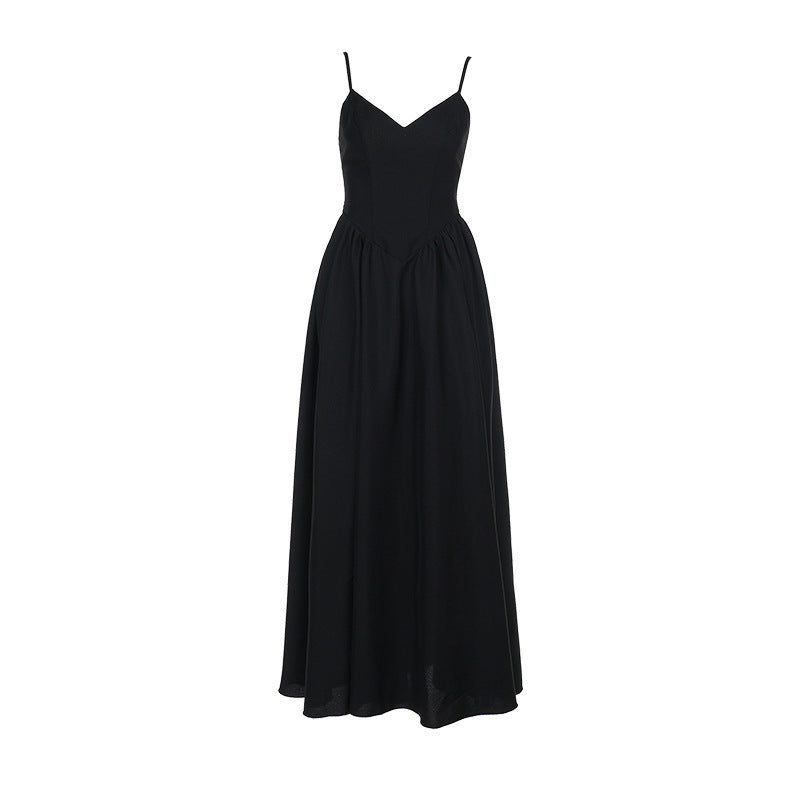 Spaghetti Strap V Neck Dropped Waist Gathered Front Slit Maxi Dress