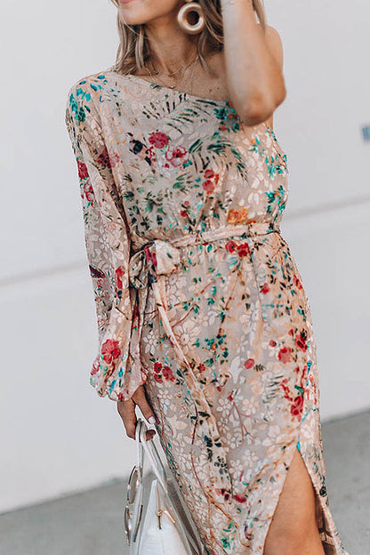 One Shoulder Bishop Sleeve Tie Waist Wrap Slit Floral Print Midi Dress