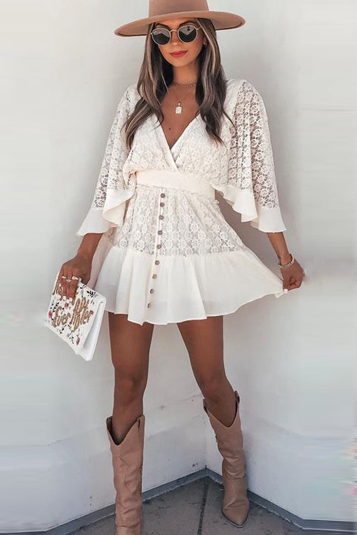 Lace Deep V-Neck Bell Sleeve Smocked Waist Button Front Ruffle Hem Mini Dress