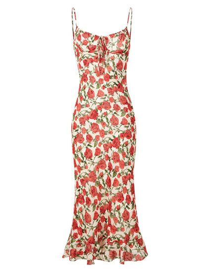 Botanical Floral Print Spaghetti Strap Drawstring Ruched Midi Dress