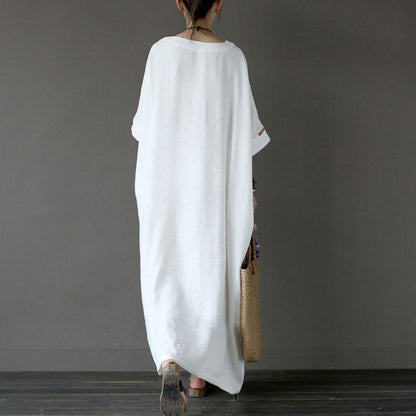 Round Neck Embroidered Neckline Drop Shoulder Linen Kaftan Maxi Dress