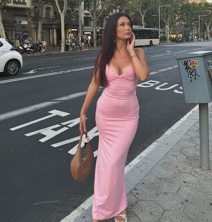 Spaghetti Strap Deep V-Neck Bodycon Maxi Dress