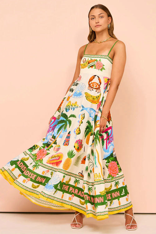 Square Neck Spaghetti Strap Tropical Resort Graphic Print Maxi Dress
