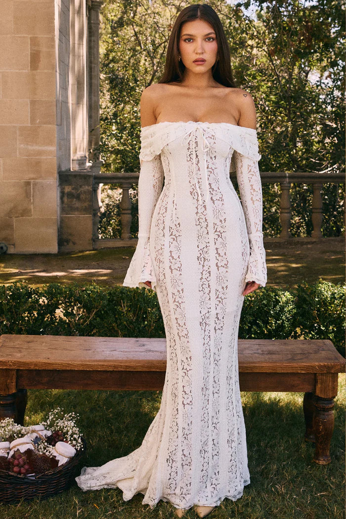 Off Shoulder Lace Foldover Collar Bell Cuff Mermaid Maxi Gown