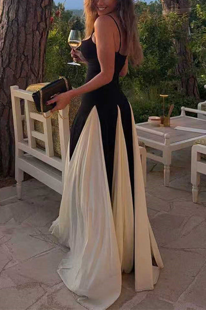 Spaghetti Strap Low Cut Color Block Swing Maxi Dress
