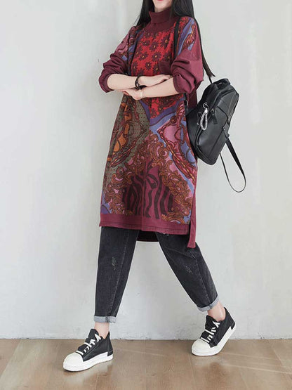 High Neck Long Sleeve Sweater Midi Dress