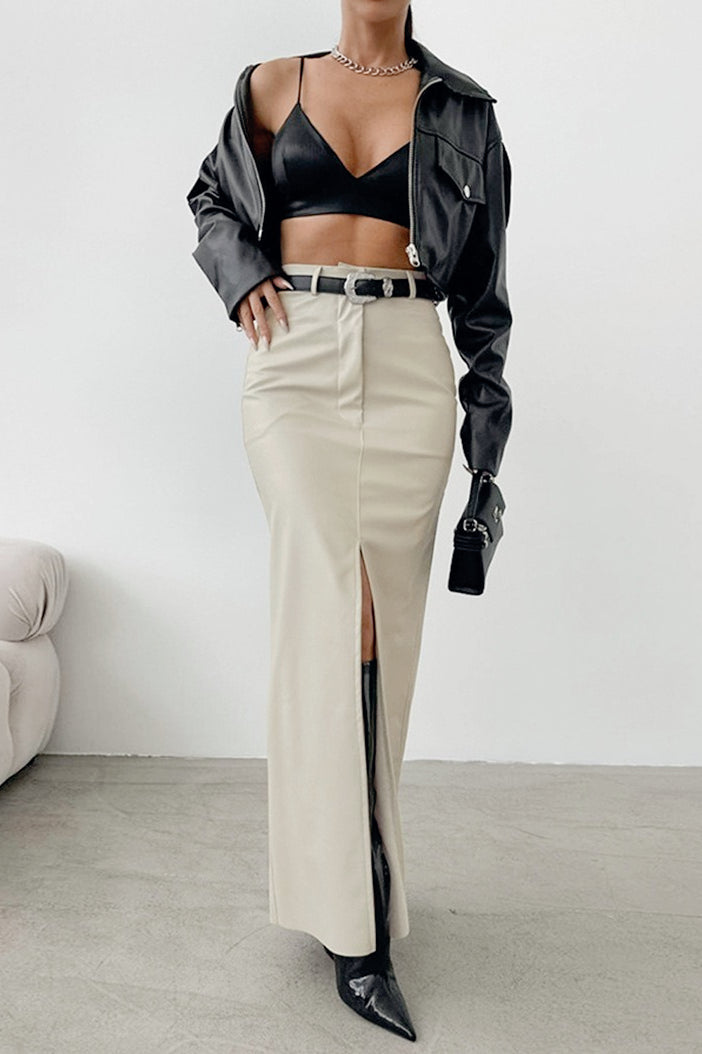 Solid Leather High Waist Slit Skirt