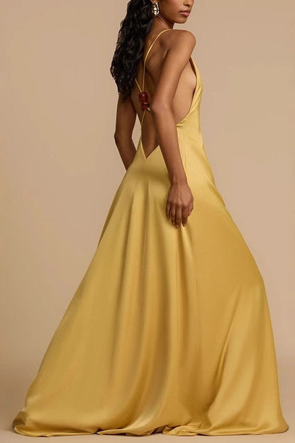 Yellow Backless Satin Slip Maxi Dress