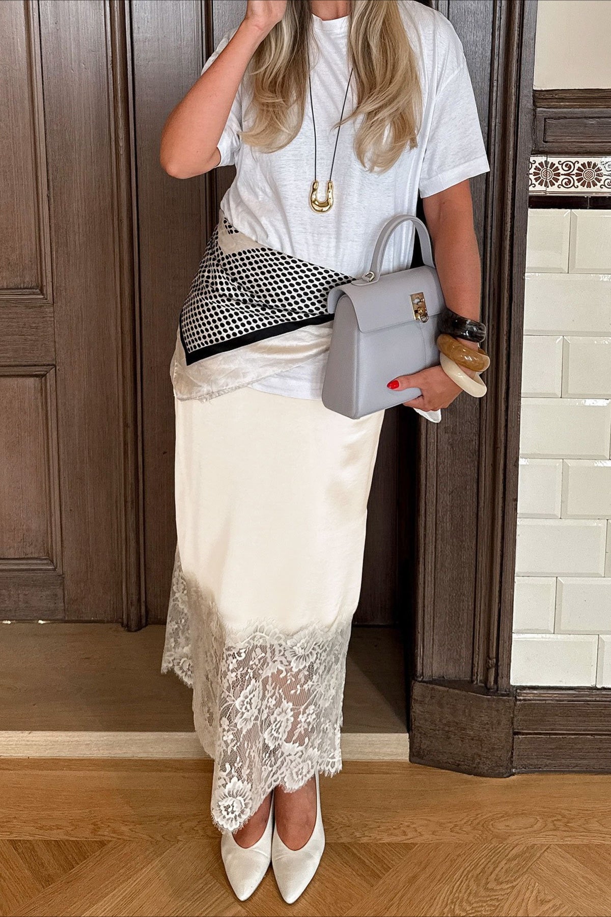 Asymmetric Lace-Panel Midi Skirt
