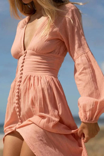 Deep V Smocked Waist Button-Front Side Slit Long Sleeve Maxi Dress