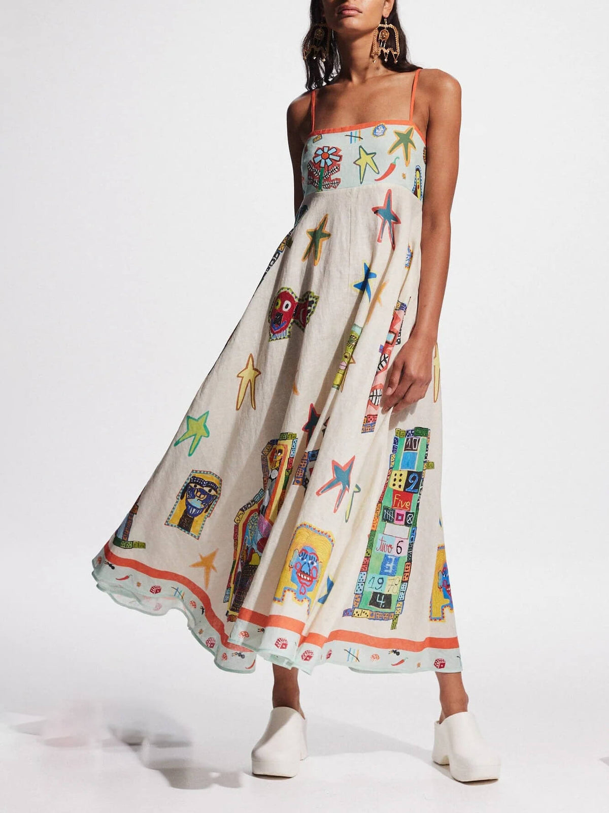 Spaghetti Strap Empire Waist Doodle Print Pocket A-Line Maxi Dress
