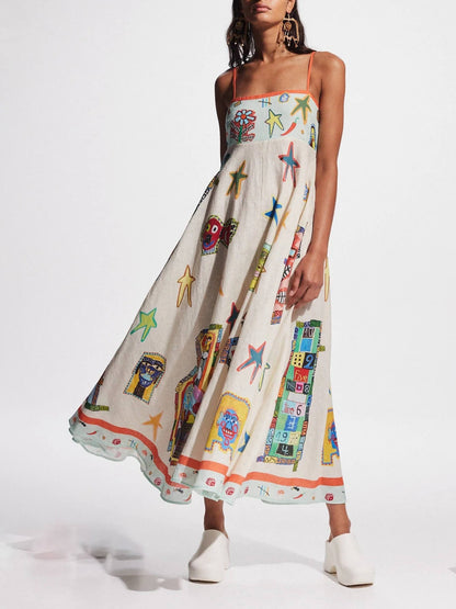 Spaghetti Strap Empire Waist Doodle Print Pocket A-Line Maxi Dress