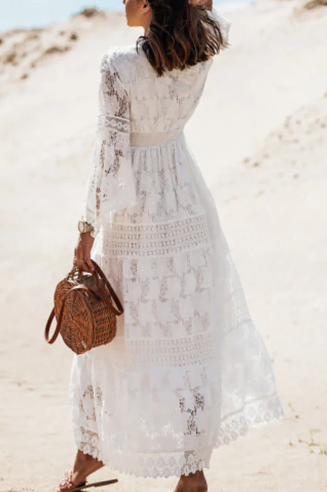 Lace V Neck Hollow Boho Dress