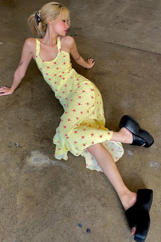 Floral Print Suspender Dress Long Fishtail Maxi Dress