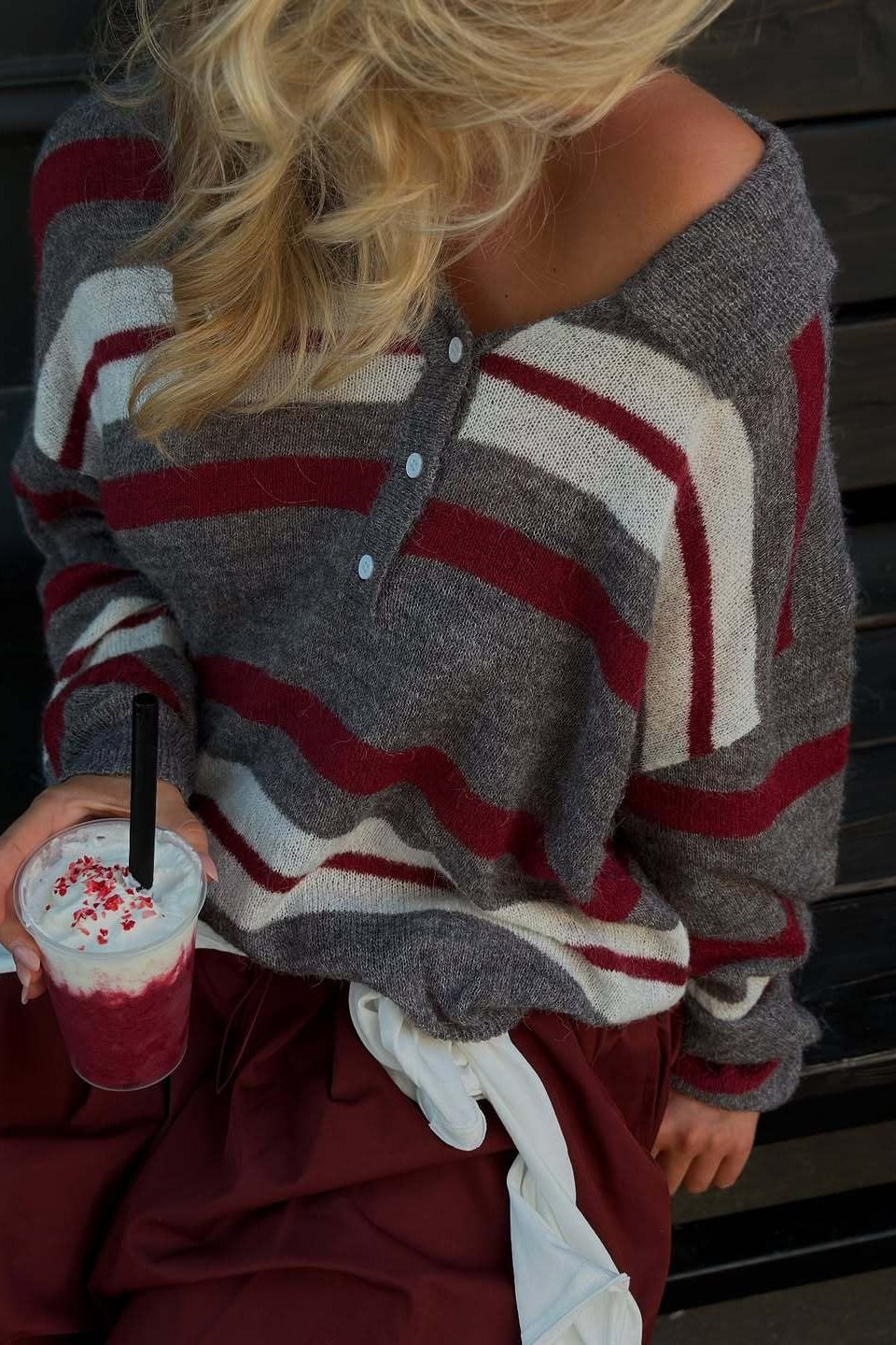 Preppy Style Wide Stripe Polo Collar Knit Blouse