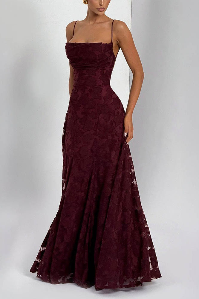 Square Neck Spaghetti Strap Ruched Burnout Floral Lace Maxi Dress
