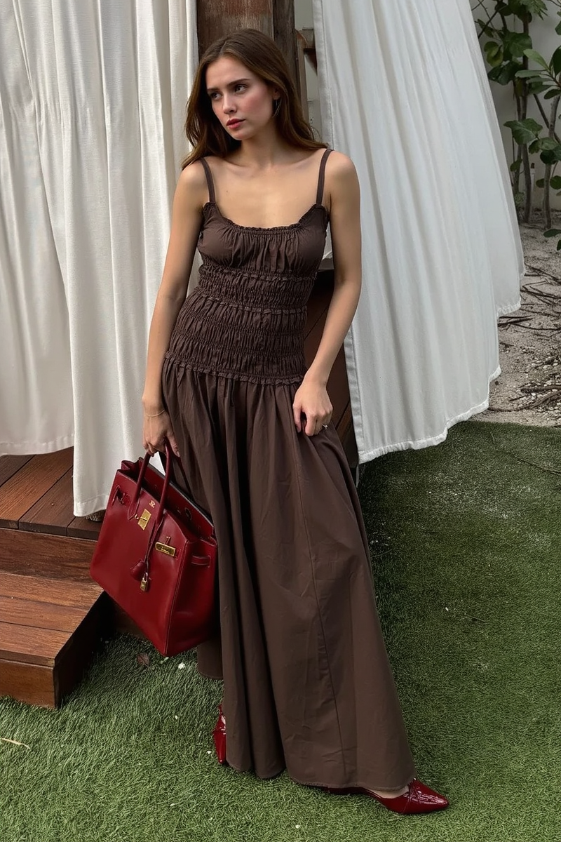 Scoop Neck Ruffle Trim Smocked Bodice Gathered Skirt Maxi Dress