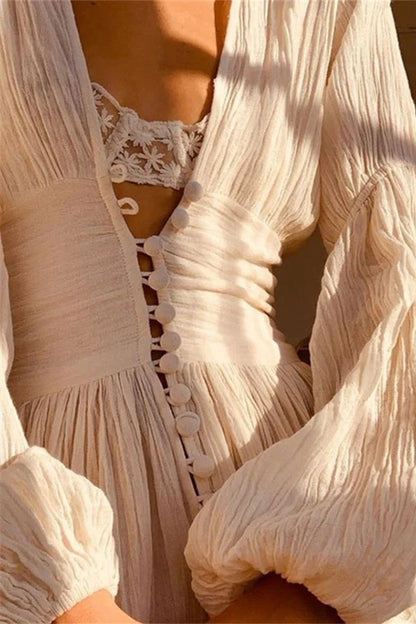 Deep V Smocked Waist Button-Front Side Slit Long Sleeve Maxi Dress
