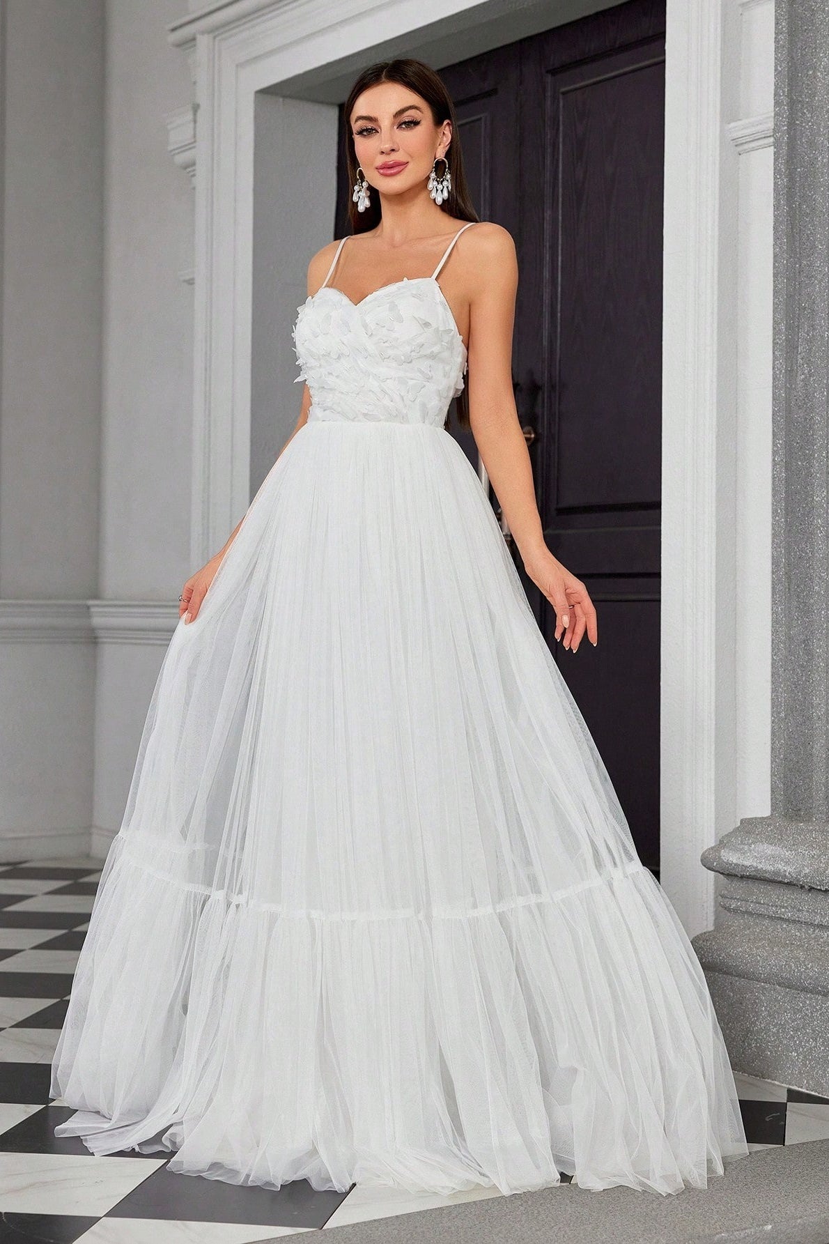 Spaghetti Bandeau Butterfly Tulle Elegant Reception Dress