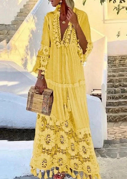 V Neck Tassel Tie Bell Lace Cuff Fringe Hem Maxi Dress