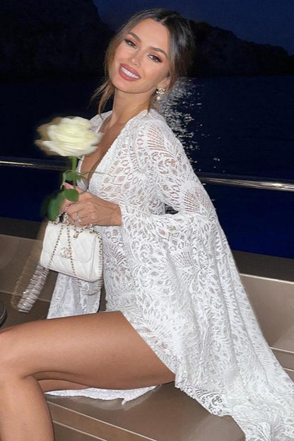 Deep V-Neck Lace Bell Sleeve Bodycon Mini Dress
