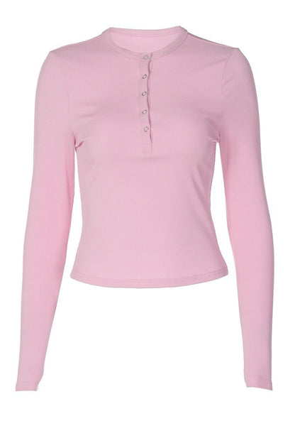 Henley Neck Solid Button Blouse