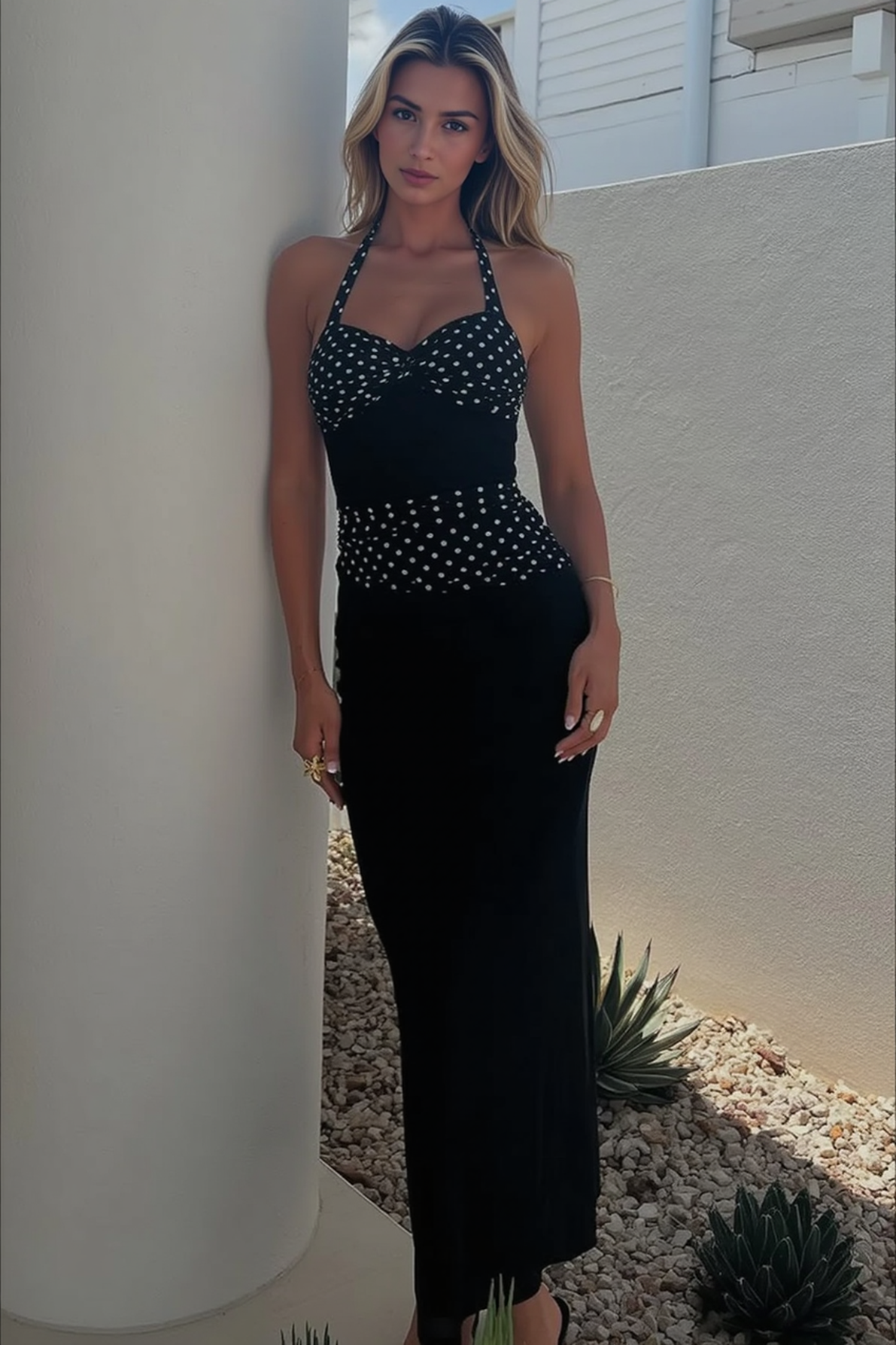 Polka Dot Band Sweetheart Twist Halter Bodycon Maxi Dress