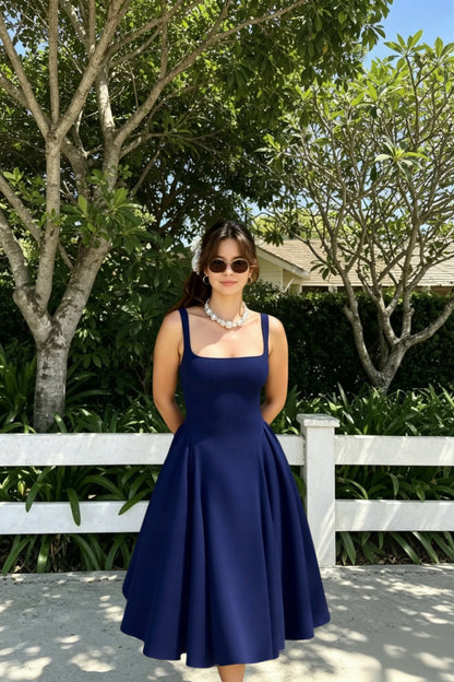 Square Neck Wide Strap Fitted Bodice A-Line Midi Dress