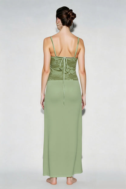 Lace Cami Spaghetti Strap Draped Waist Midi Dress