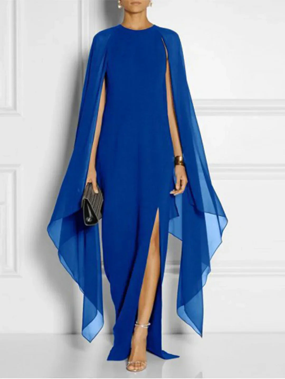 Round Neck Side Slit Cape Sleeve Sheath Maxi Dress