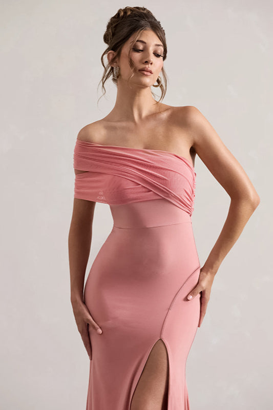 Mesh Panel Off-Shoulder Split Bodycon Party Dress