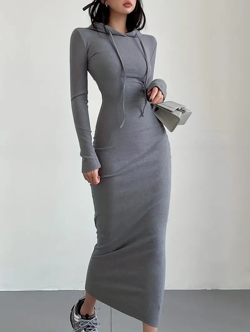 Casual Long Sleeve Drawstring Hooded Bodycon Dress - Black