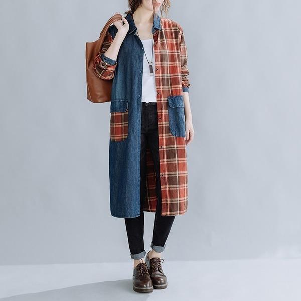 Denim Plaid Asymmetric Patchwork Longline Button Shirt Dress