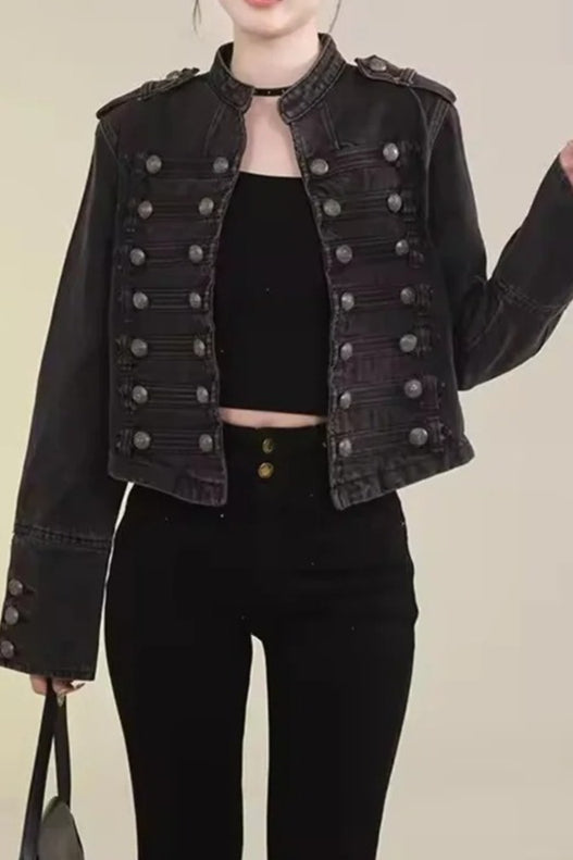 Cropped Denim Military Jacket