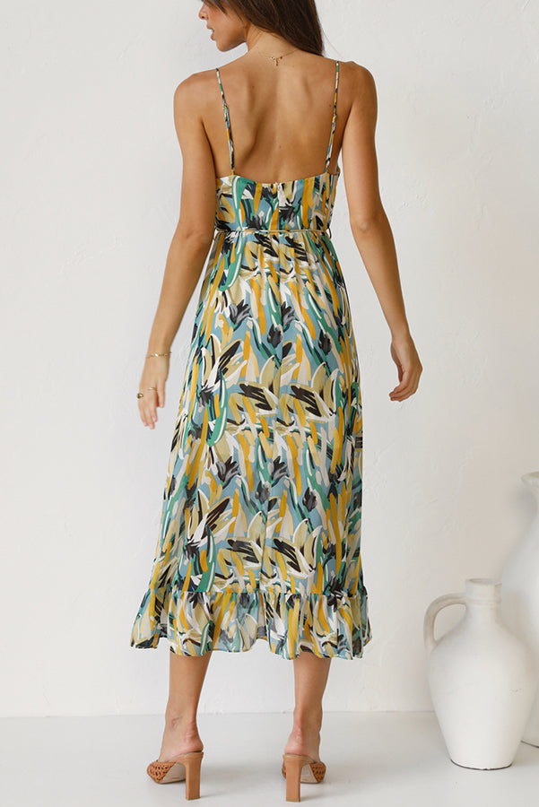 Abstract Print Spaghetti Strap V-Neck Drawstring Waist Tiered Ruffle Midi Dress