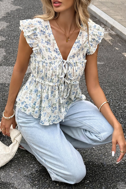 Floral Tie Front Ruffle Peplum Blouse