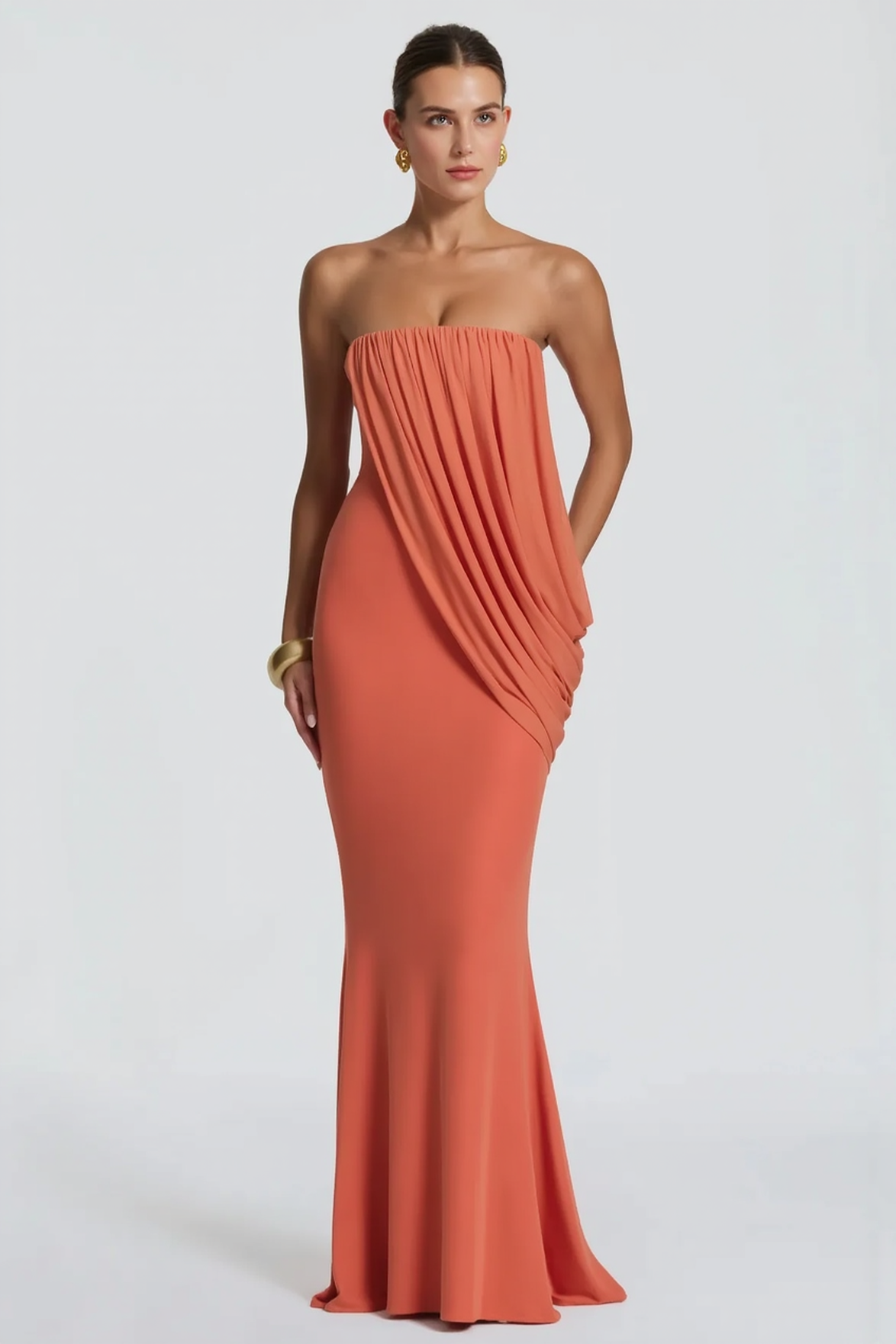 Strapless Diagonal Drape Panel Pleated Overlay Column Maxi Gown