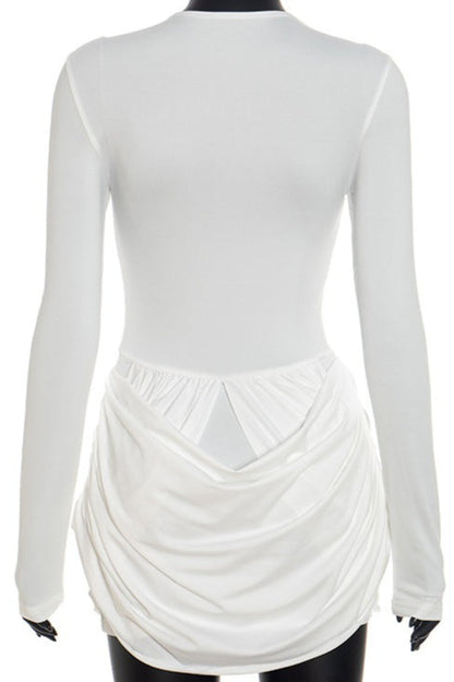 Almond Cutout Dome Hardware Draped Wrap Tulip Hem Long Sleeve Mini Dress